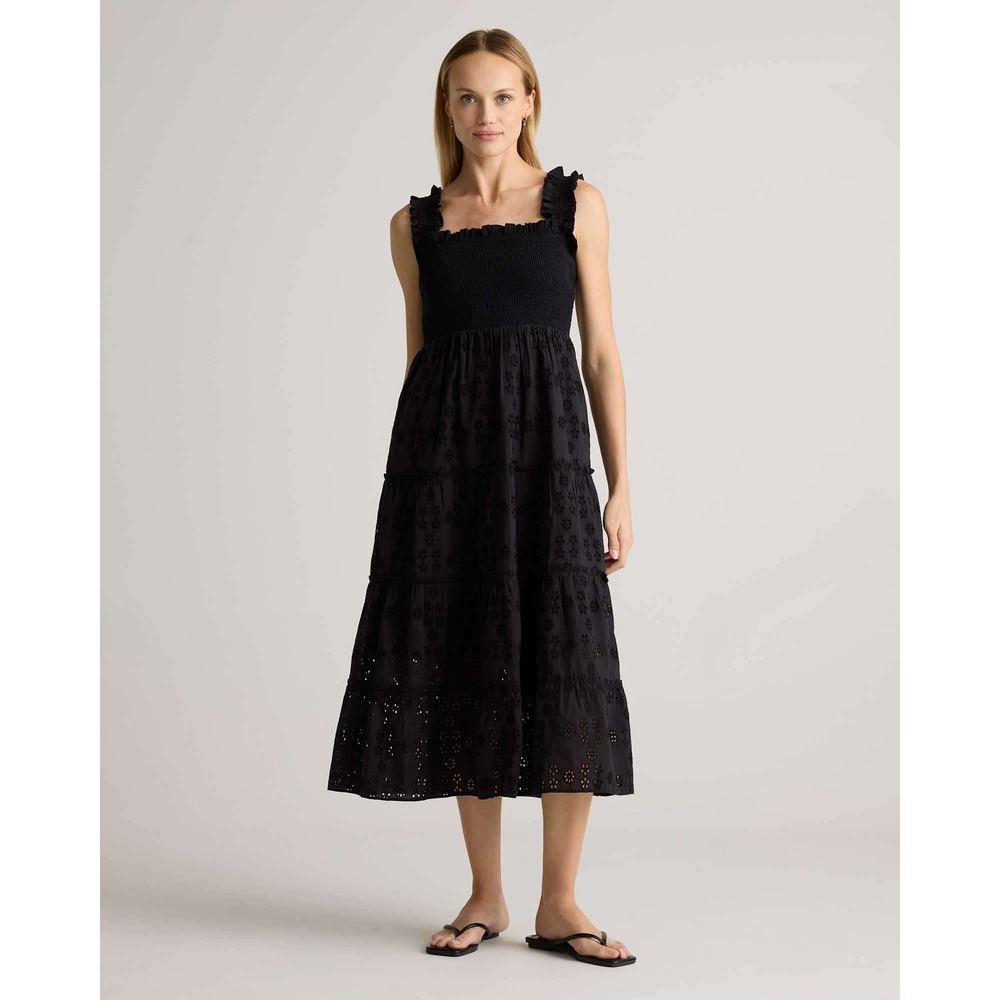 Quince 100% Organic Cotton Eyelet Smocked Midi Dress Sundress